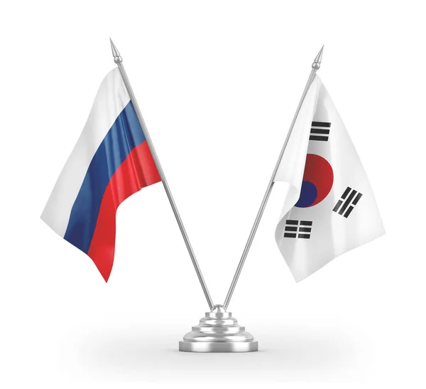 Bandiere da tavolo Corea del Sud e Russia isolate su rendering 3D bianco — Foto Stock