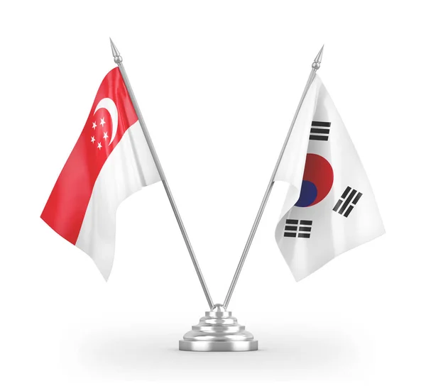 白い3Dレンダリングで隔離された韓国とシンガポールのテーブルフラグ — ストック写真