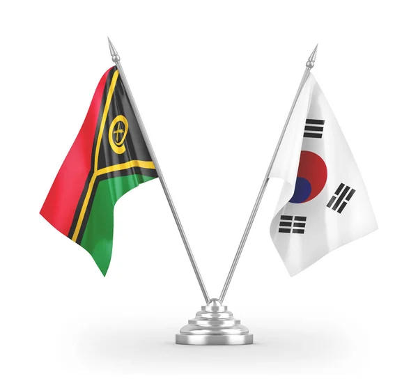 Bandeiras de mesa da Coreia do Sul e Vanuatu isoladas em renderização 3D branca — Fotografia de Stock
