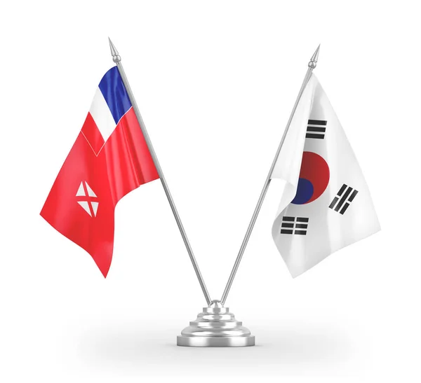South Korea and Wallis and Futuna table flags isolated on white 3D rendering — ストック写真