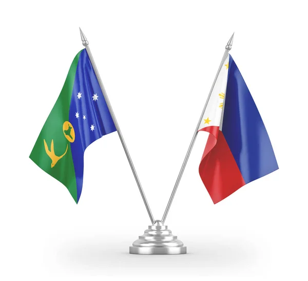 Bandeiras de mesa Filipinas e Ilha de Natal isoladas em renderização 3D branca — Fotografia de Stock