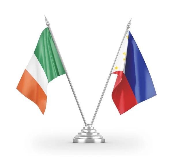 Banderas de mesa Filipinas e Irlanda aisladas en renderizado 3D blanco — Foto de Stock