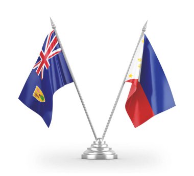 Filipinler, Türkler ve Caicos Adaları masa bayrakları beyaz 3D görüntüleme üzerinde izole edildi