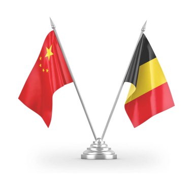 Belçika ve Çin masa bayrakları beyaz 3D görüntüleme üzerinde izole