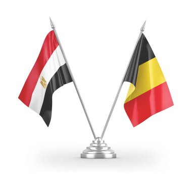 Belçika ve Mısır masa bayrakları beyaz 3D görüntüleme üzerinde izole edildi