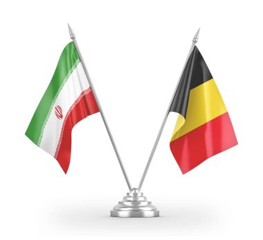 Belgium and Iran table flags isolated on white 3D rendering