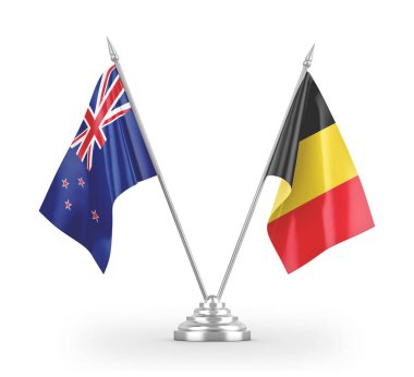 Belgium and New Zealand table flags isolated on white 3D rendering