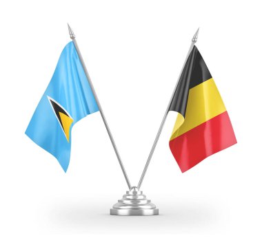 Belgium and Saint Lucia table flags isolated on white 3D rendering