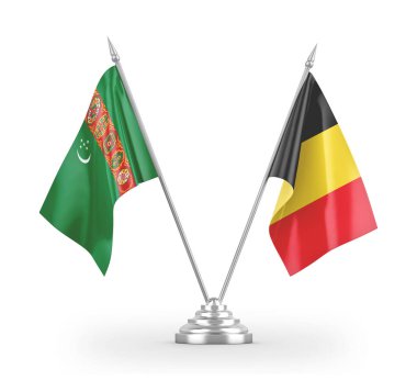 Belgium and Turkmenistan table flags isolated on white 3D rendering