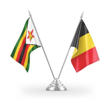 Belgium and Zimbabwe table flags isolated on white 3D rendering