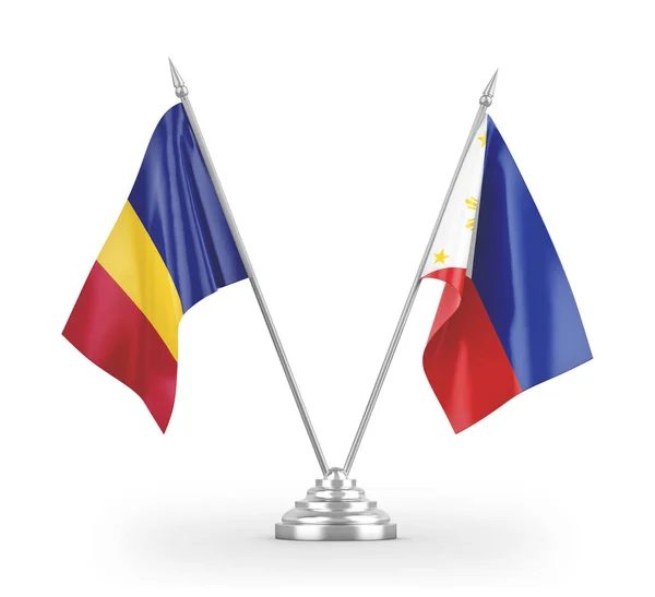 Bandeiras de mesa Filipinas e Romênia isoladas em renderização 3D branca — Fotografia de Stock