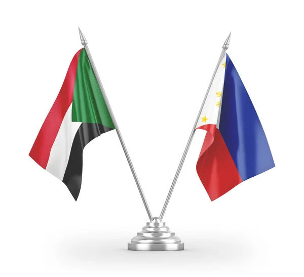 Banderas de mesa de Filipinas y Sudán aisladas en renderizado 3D blanco — Foto de Stock