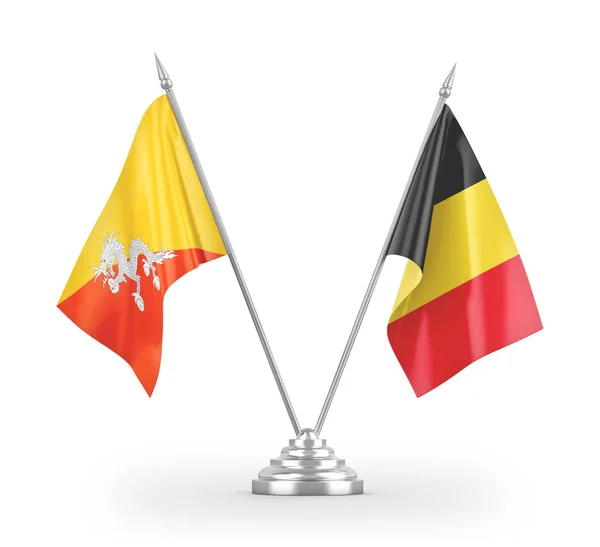 Belgien och Bhutan bordsflaggor isolerade på vit 3d rendering — Stockfoto