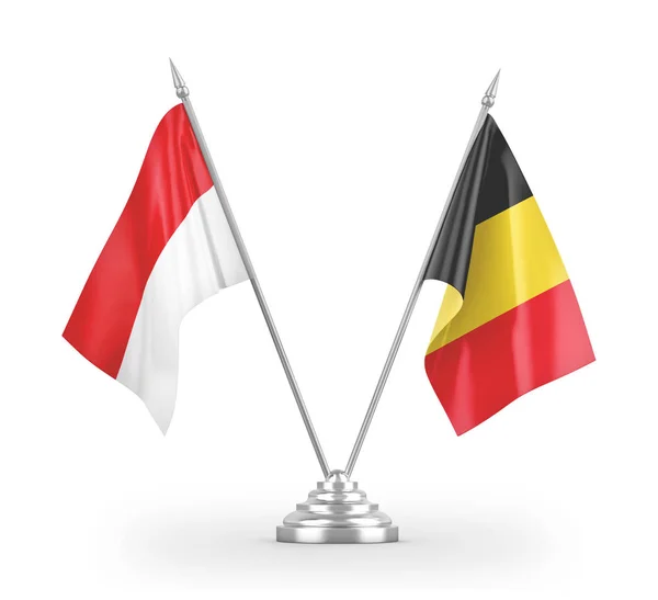 Belgium and Indonesia table flags isolated on white 3D rendering — Stok fotoğraf