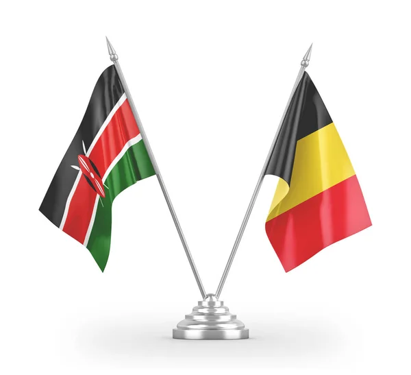 Belgien och Kenya bordsflaggor isolerade på vit 3D-rendering — Stockfoto