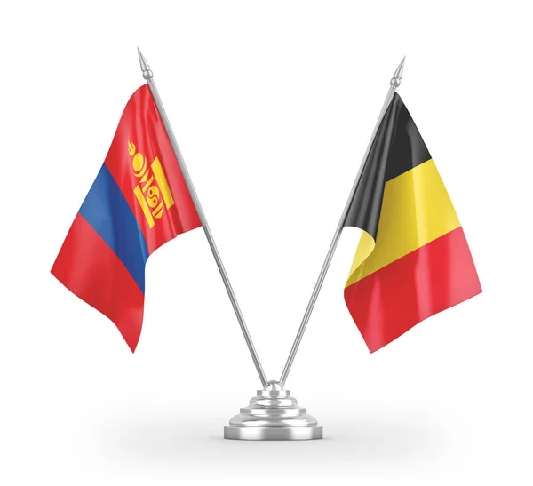 België en Mongolië tafelvlaggen geïsoleerd op witte 3d rendering — Stockfoto