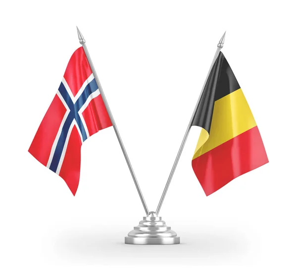 Banderas de mesa Bélgica y Noruega aisladas en renderizado 3D blanco — Foto de Stock