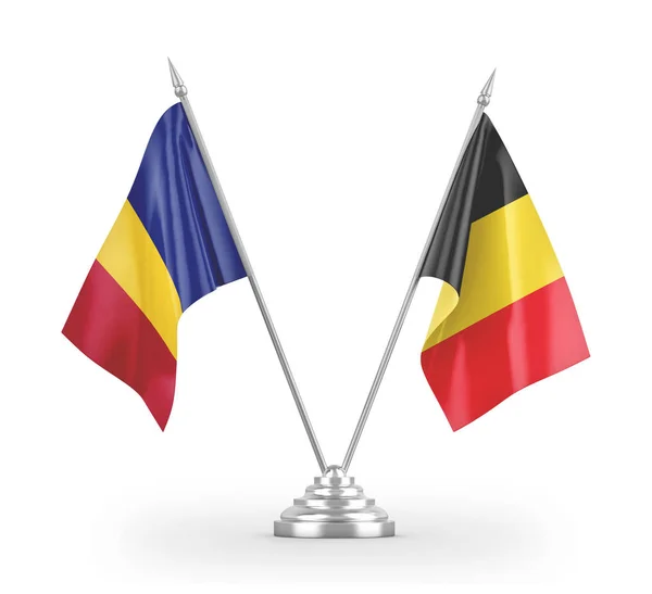 Belgium and Romania table flags isolated on white 3D rendering — Stockfoto