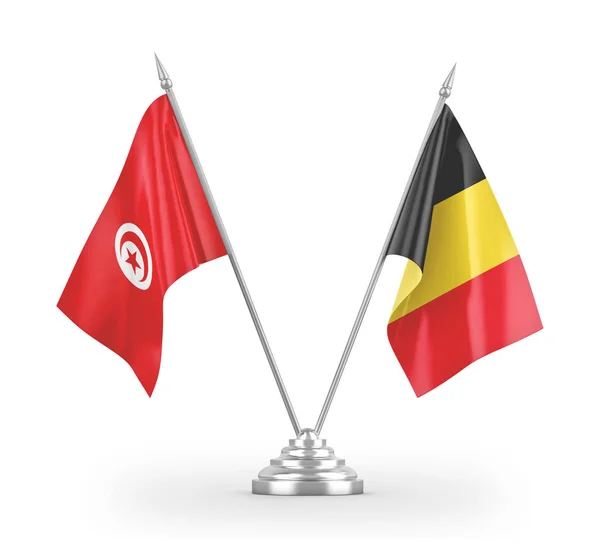 België en Tunesië tabel vlaggen geïsoleerd op witte 3d rendering — Stockfoto