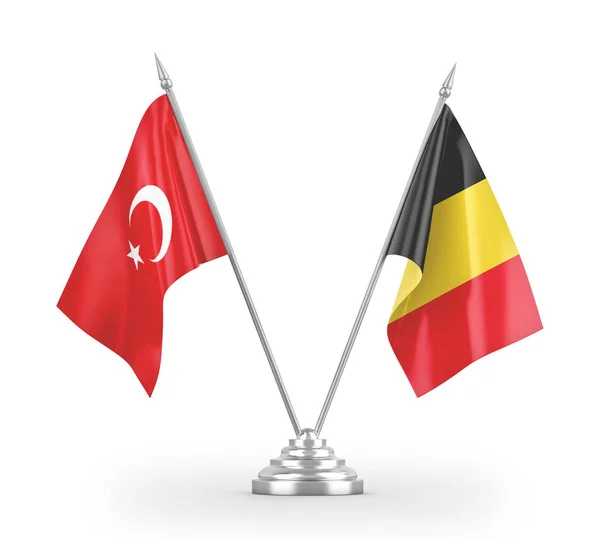 Banderas de mesa Bélgica y Turquía aisladas en renderizado 3D blanco — Foto de Stock