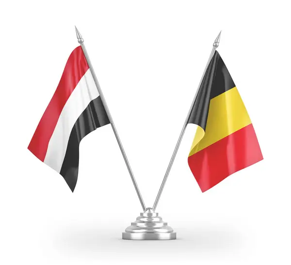Belgia i Jemen table flagi izolowane na białym 3d renderowania — Zdjęcie stockowe