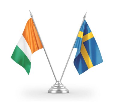 Sweden and Cote d'Ivoire Ivory coast table flags isolated on white 3D rendering