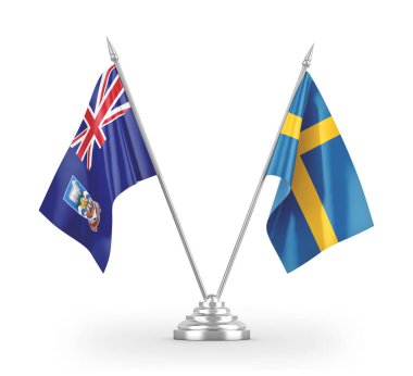 Sweden and Falkland Islands table flags isolated on white 3D rendering