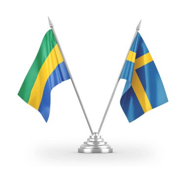 Sweden and Gabon table flags isolated on white 3D rendering