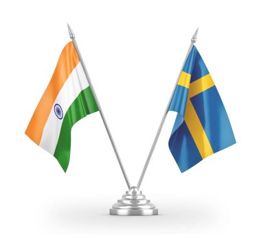 Sweden and India table flags isolated on white 3D rendering