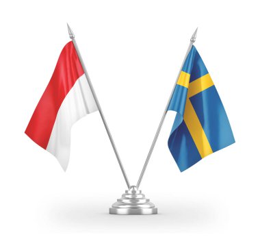 Sweden and Indonesia table flags isolated on white 3D rendering