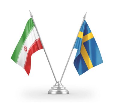 Sweden and Iran table flags isolated on white 3D rendering