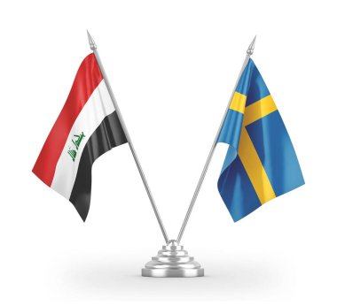 Sweden and Iraq table flags isolated on white 3D rendering
