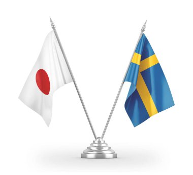 Sweden and Japan table flags isolated on white 3D rendering