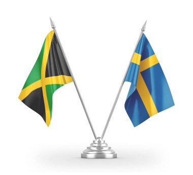 Sweden and Jamaica table flags isolated on white 3D rendering