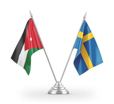 Sweden and Jordan table flags isolated on white 3D rendering