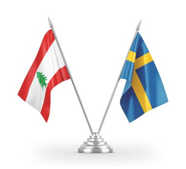 Sweden and Lebanon table flags isolated on white 3D rendering