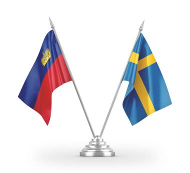 Sweden and Liechtenstein table flags isolated on white 3D rendering