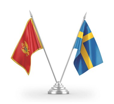 Sweden and Montenegro table flags isolated on white 3D rendering