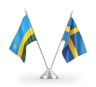 İsveç ve Ruanda masa bayrakları beyaz 3D görüntüleme üzerinde izole edildi