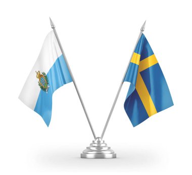 İsveç ve San Marino masa bayrakları beyaz 3D görüntüleme üzerinde izole