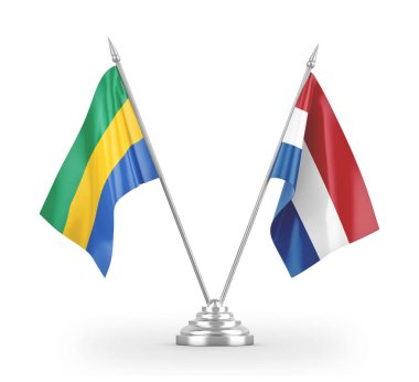 Netherlands and Gabon table flags isolated on white 3D rendering