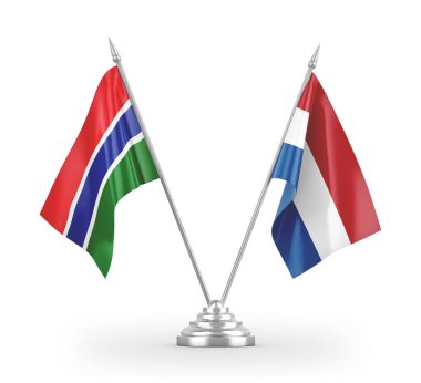 Netherlands and Gambia table flags isolated on white 3D rendering