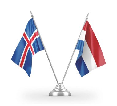 Netherlands and Iceland table flags isolated on white 3D rendering