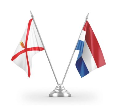 Netherlands and Jersey table flags isolated on white 3D rendering