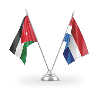 Netherlands and Jordan table flags isolated on white 3D rendering