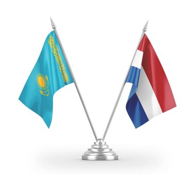 Netherlands and Kazakhstan table flags isolated on white 3D rendering