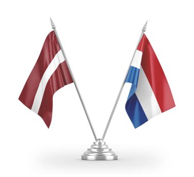Netherlands and Latvia table flags isolated on white 3D rendering