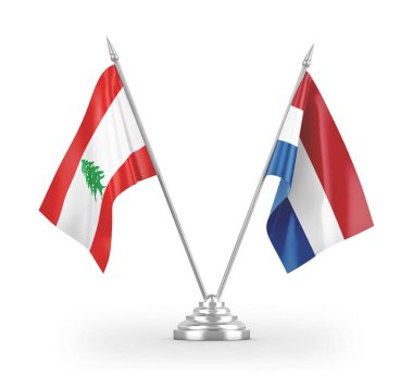 Netherlands and Lebanon table flags isolated on white 3D rendering