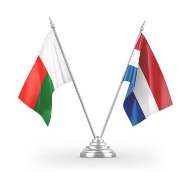 Netherlands and Madagascar table flags isolated on white 3D rendering