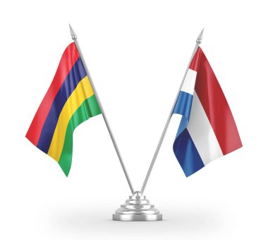 Netherlands and Mauritius table flags isolated on white 3D rendering